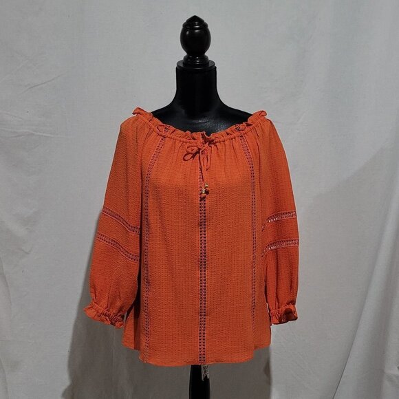 Peasant blouse Michael Kors boho orange loose tunic top cold shoulder shirt bow - Picture 1 of 16